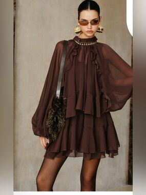 Commense Ruffle Tiered Mini Dress in Deep Brown